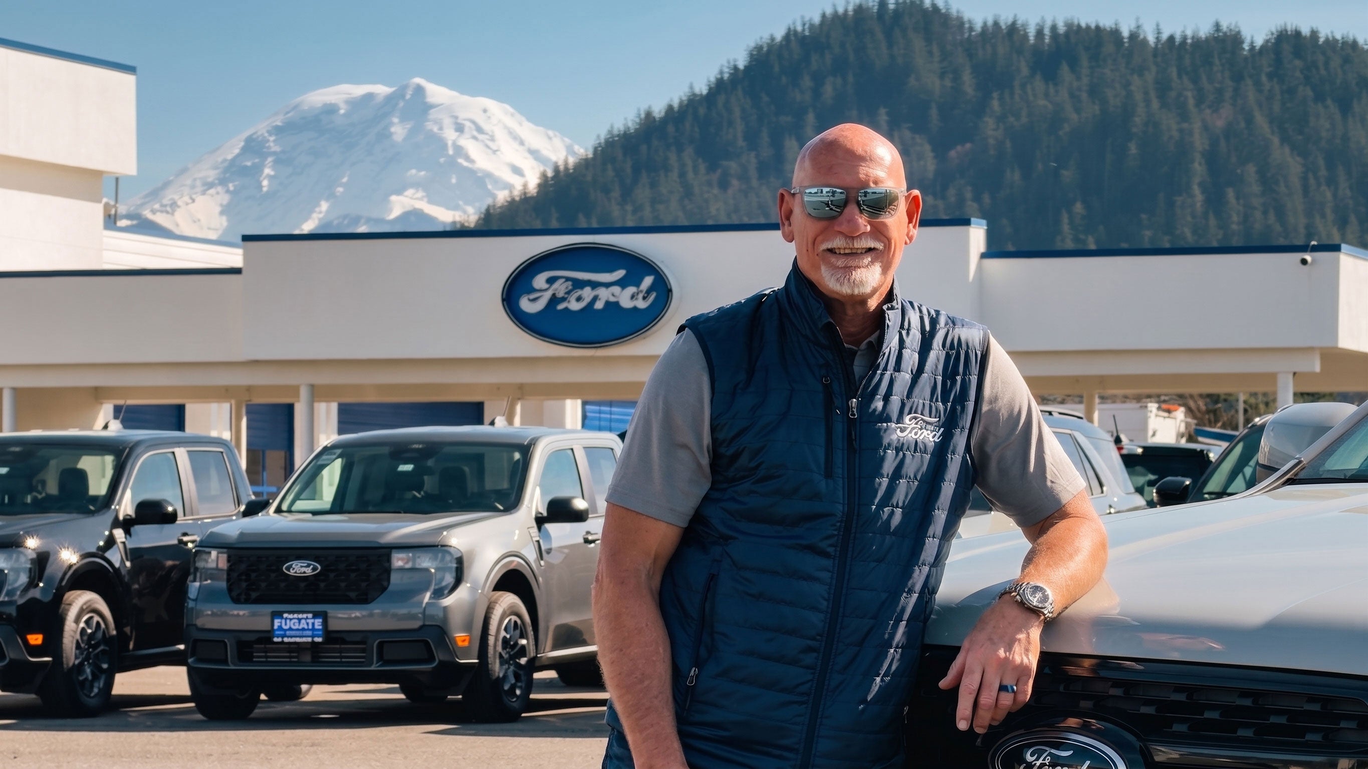 Jay Buhner at Fugate Ford in Enumclaw with Mount Rainier in the background