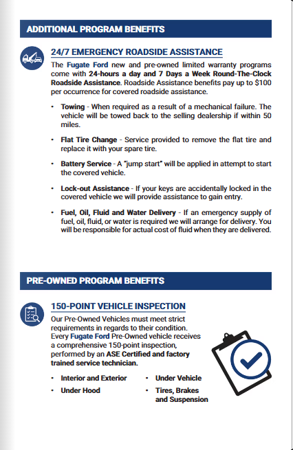 Fugate Ford additional program benefits and pre-owned vehicle inspection information
