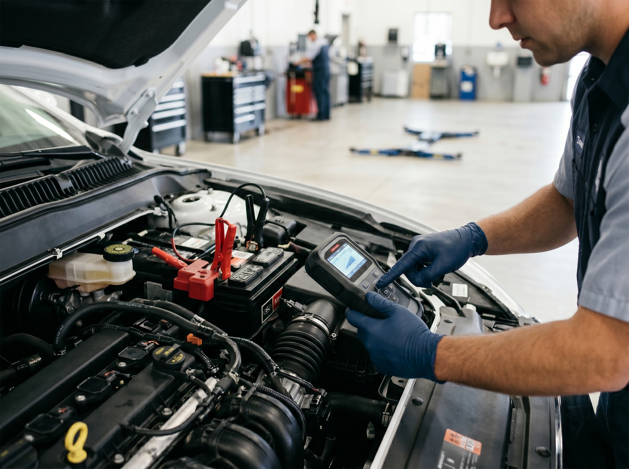 Technician testing a vehicle battery at Fugate Ford