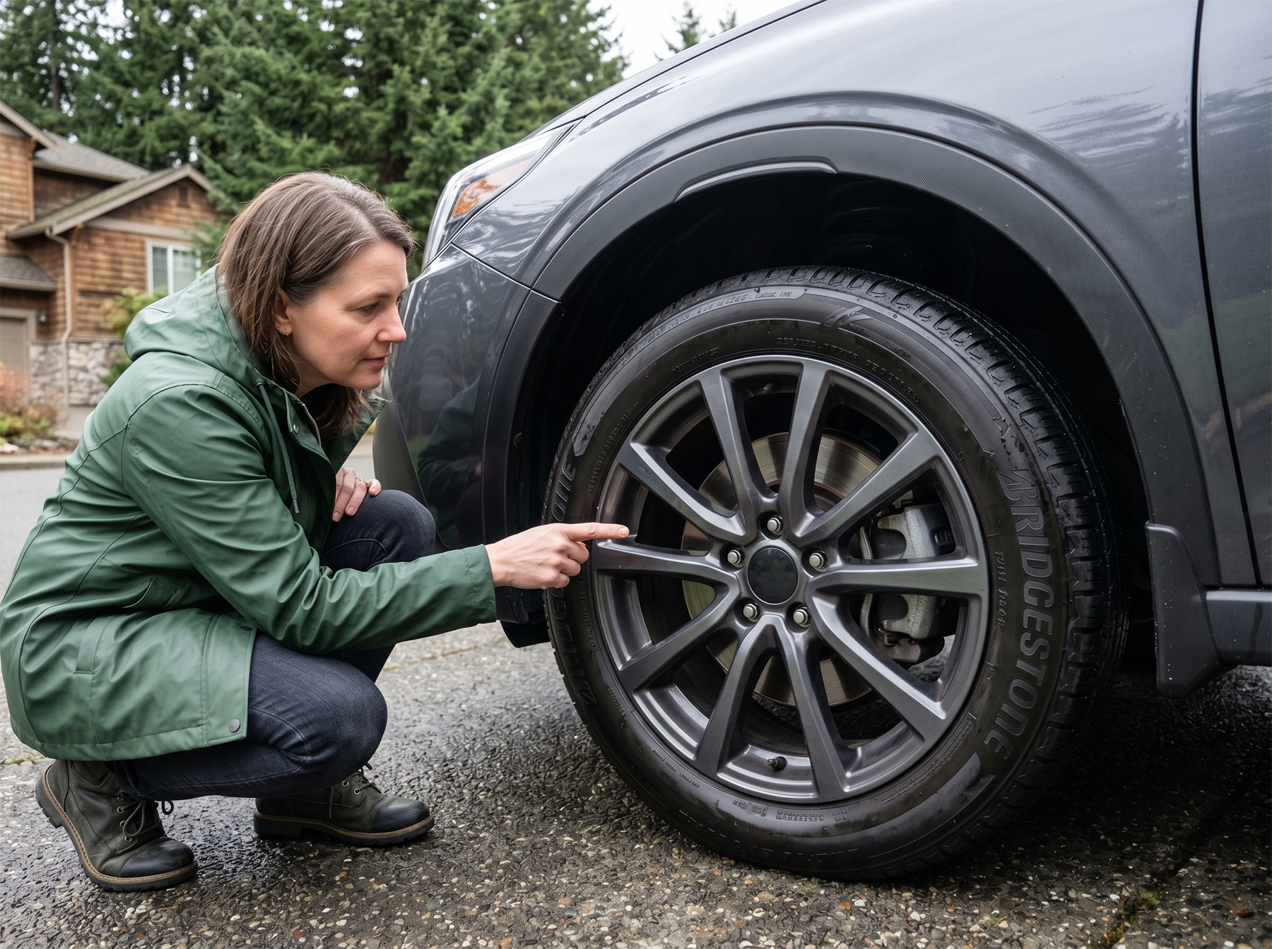 Customer checking a front wheel for a brake concern