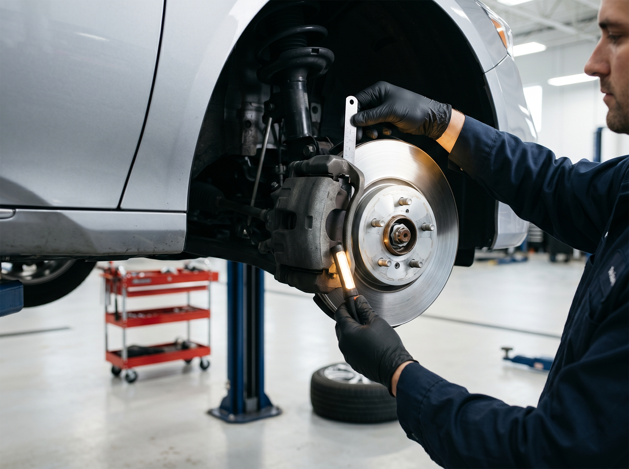 Brake rotor and pad inspection at a dealership service bay