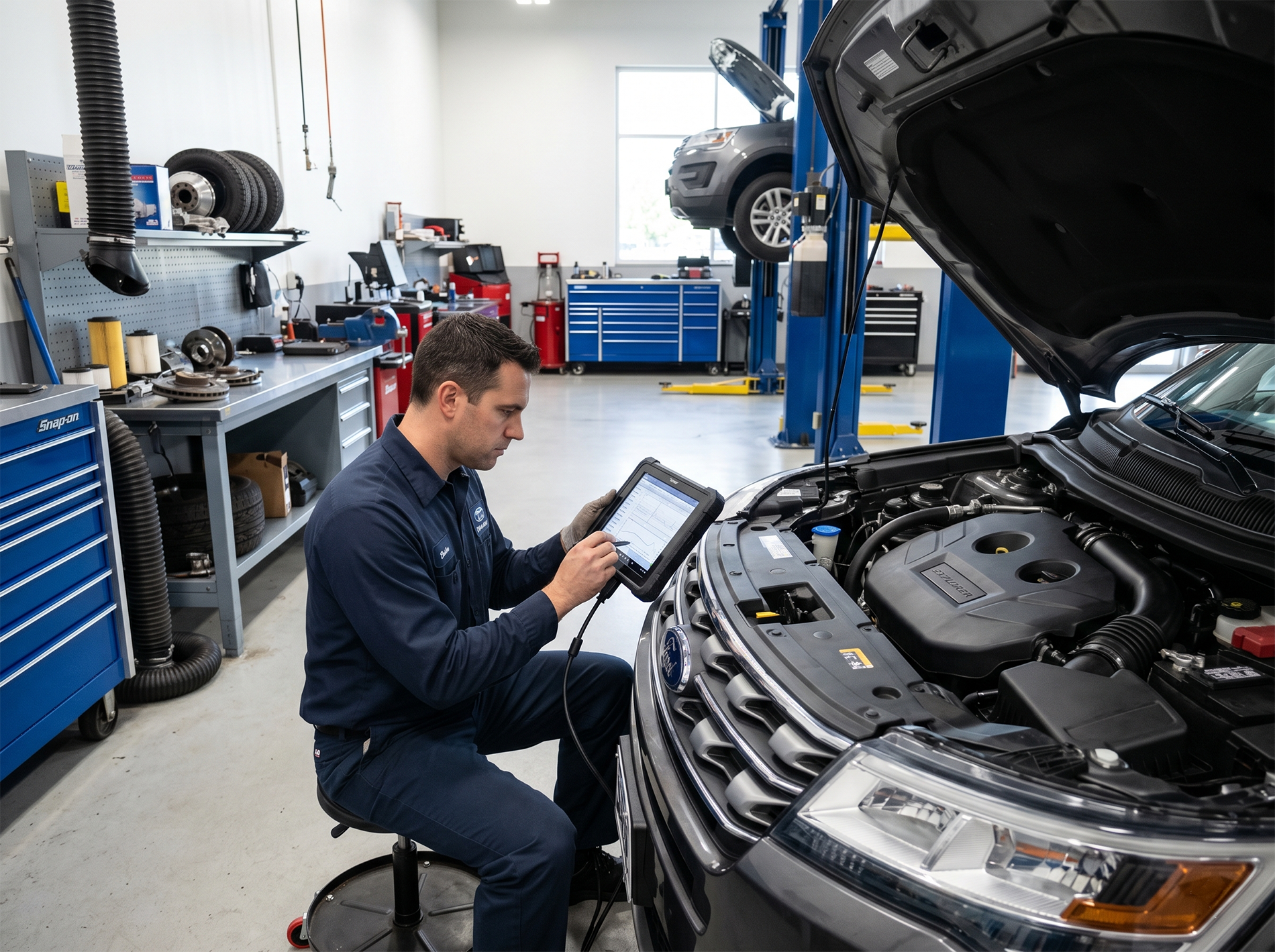 Technician using diagnostic equipment for a check engine light