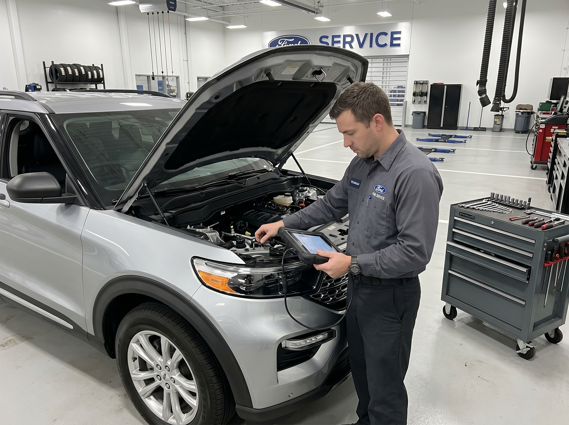 Ford technician using diagnostic equipment in a dealership service bay
