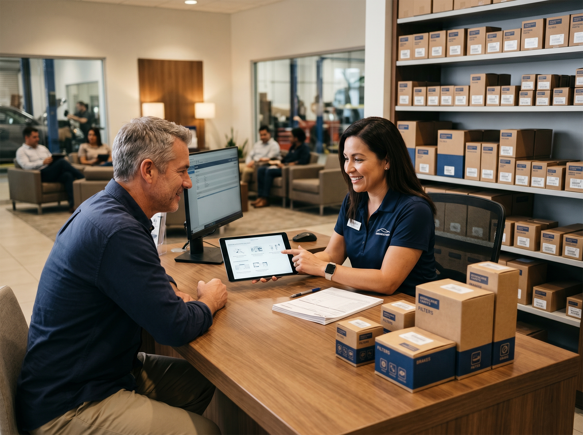 Service advisor reviewing maintenance records and parts options