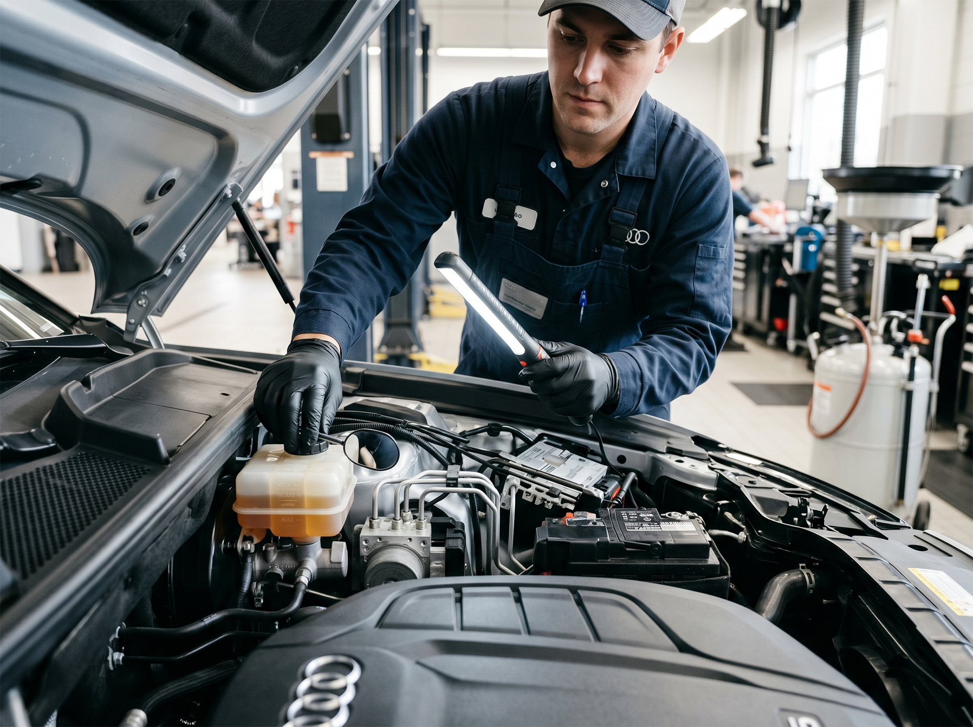 Technician checking brake fluid and hydraulic brake components