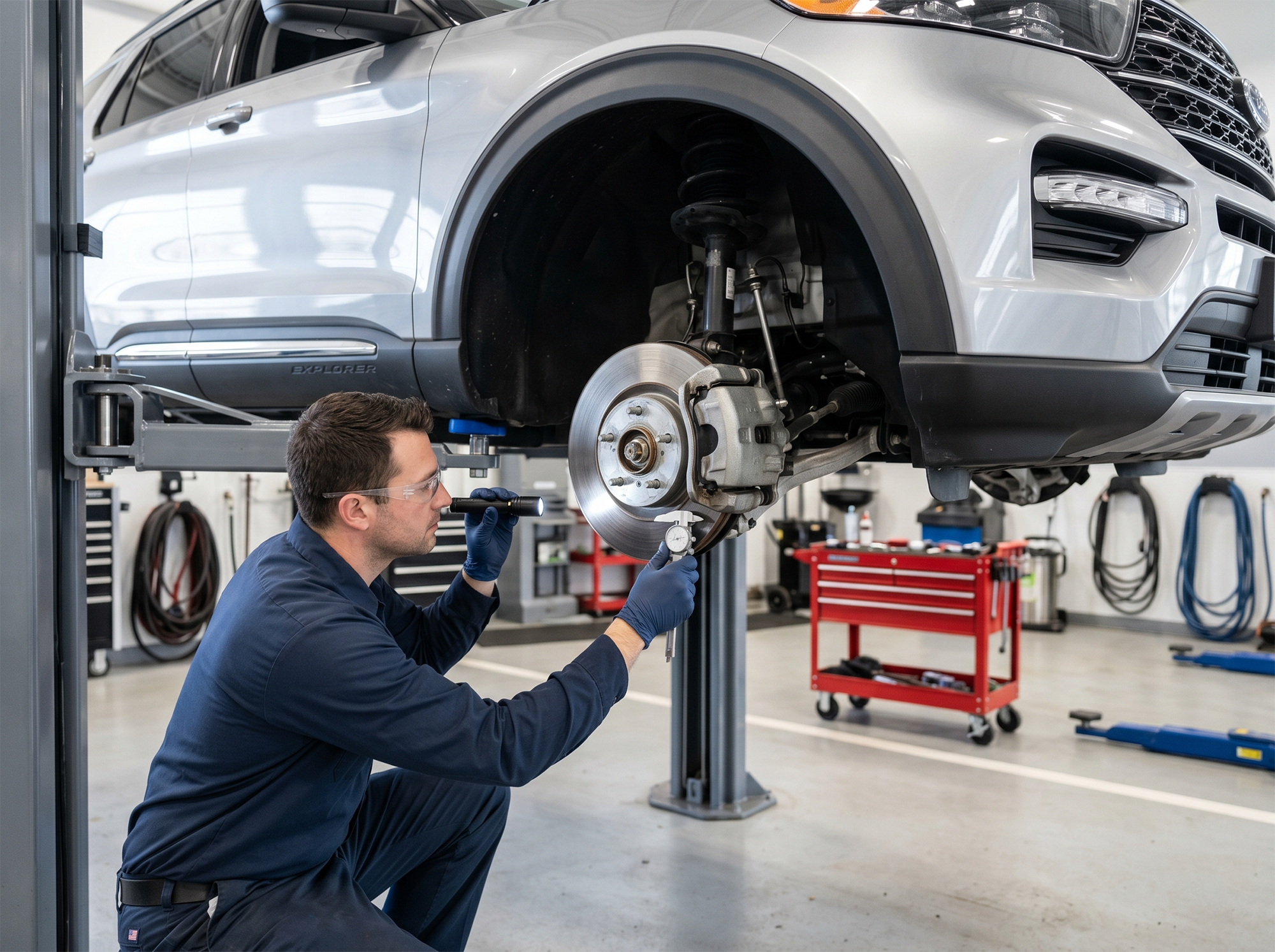 Technician inspecting brakes during urgent brake repair
