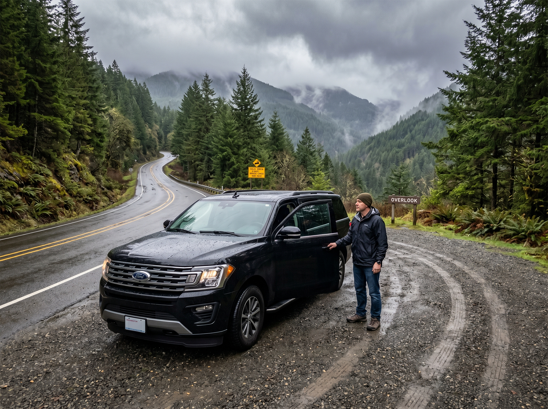 Wet Pacific Northwest road conditions where brake safety matters