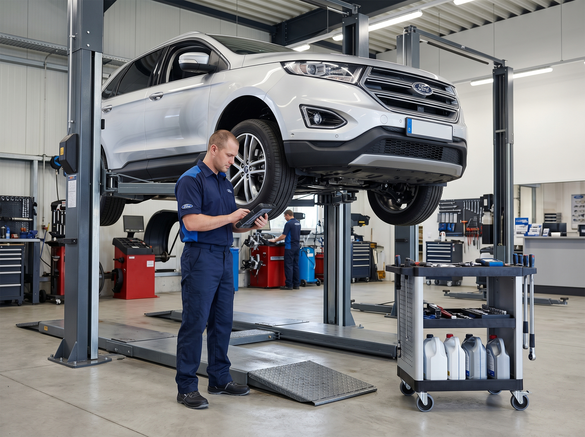 Preventive maintenance service bay for alignment and transmission support