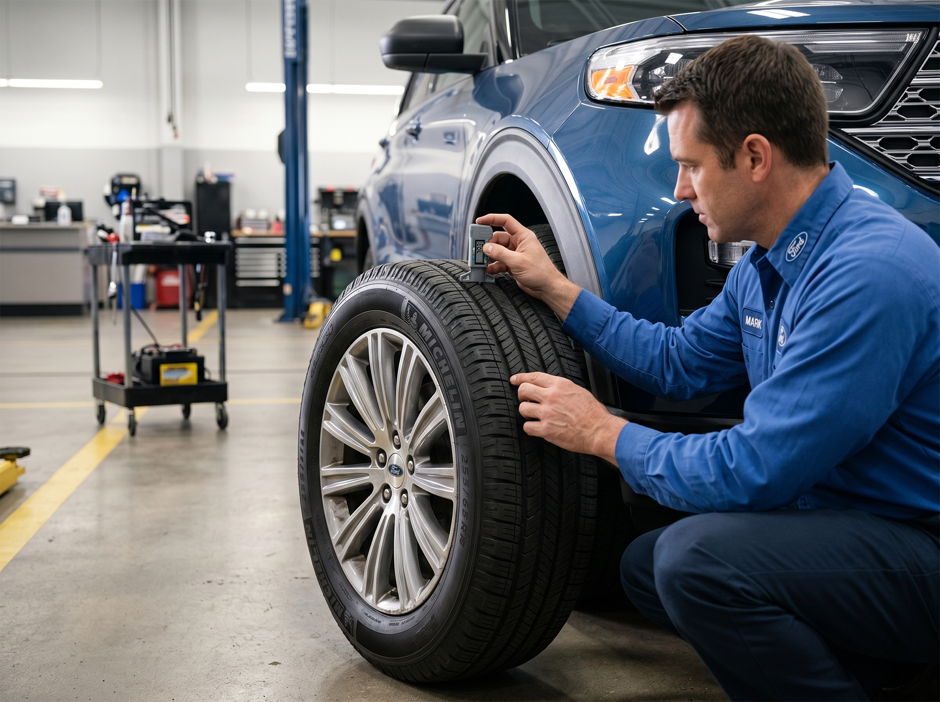 Technician checking tire tread as part of vehicle maintenance