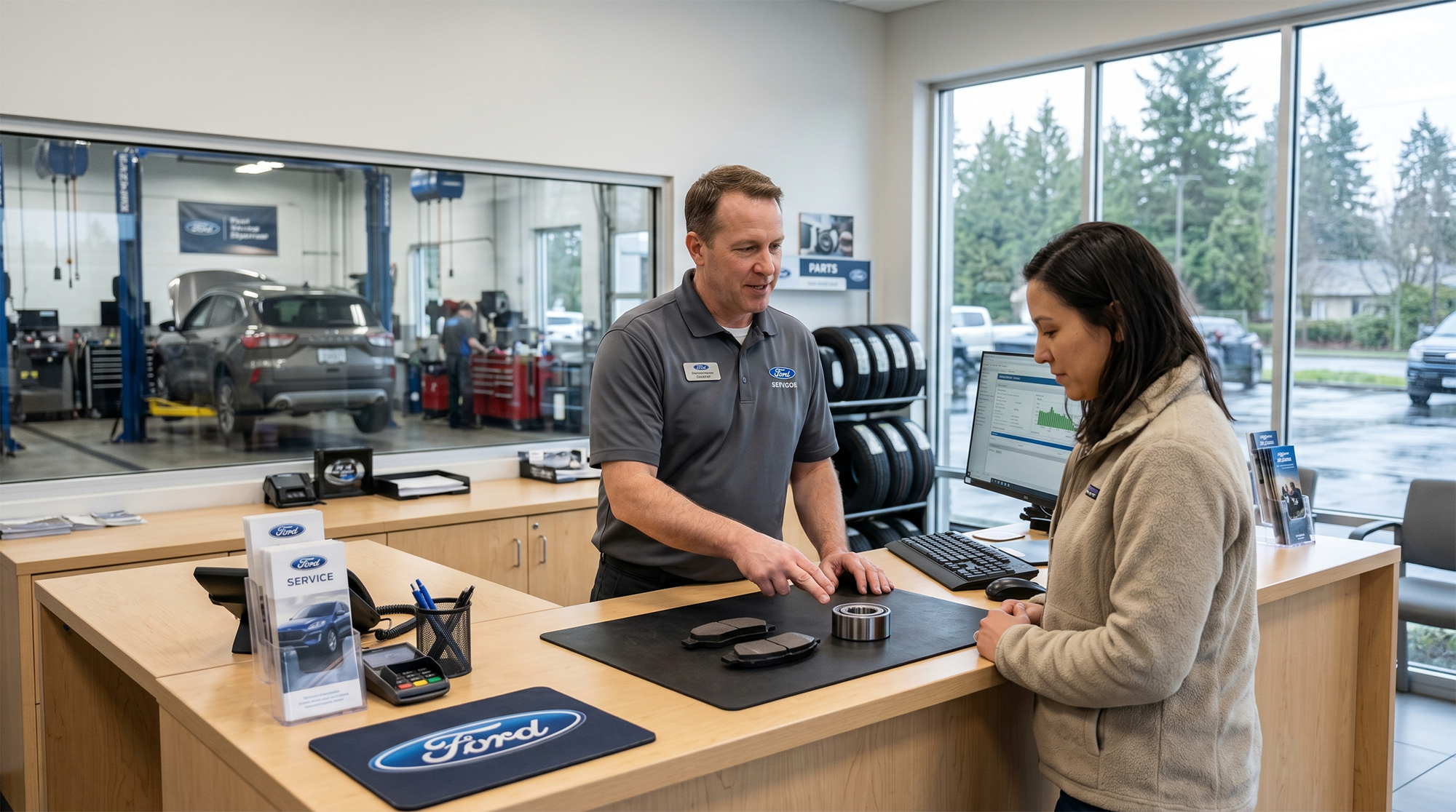 Fugate Ford parts specialist helping a customer compare replacement parts