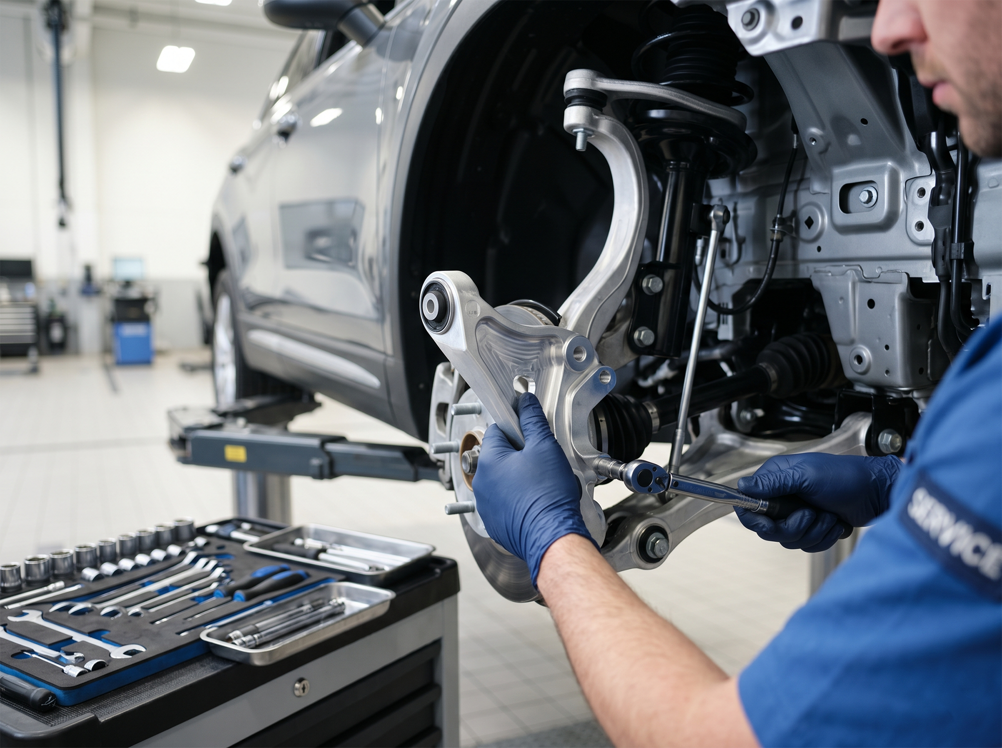 Technician checking replacement part fitment in a service bay