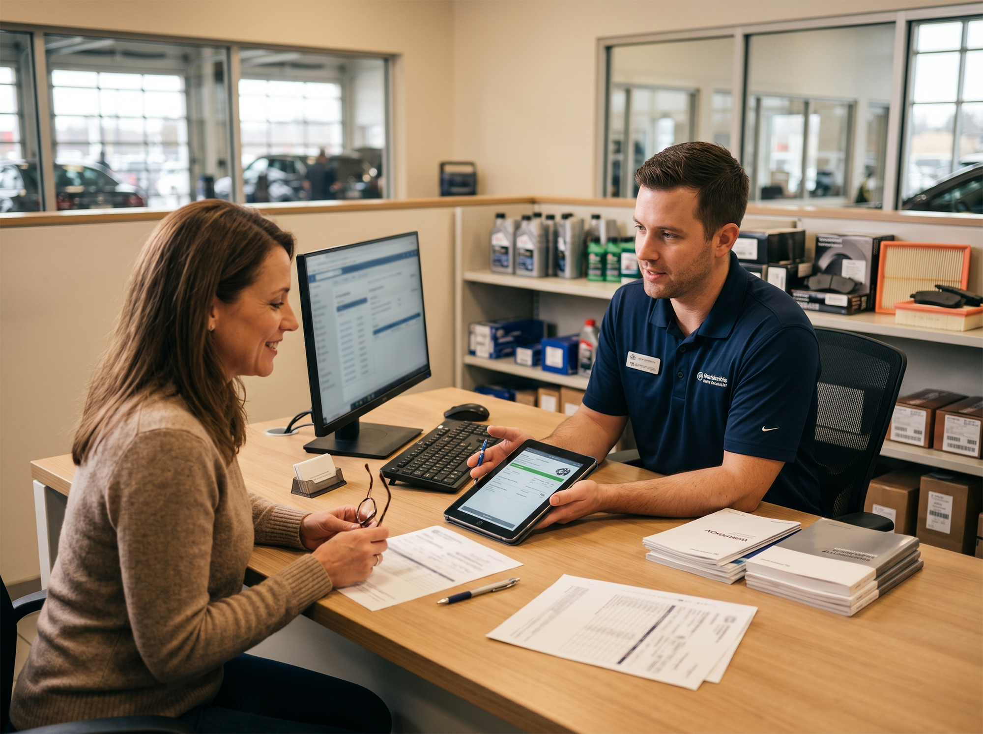 Parts specialist reviewing service records and replacement part options