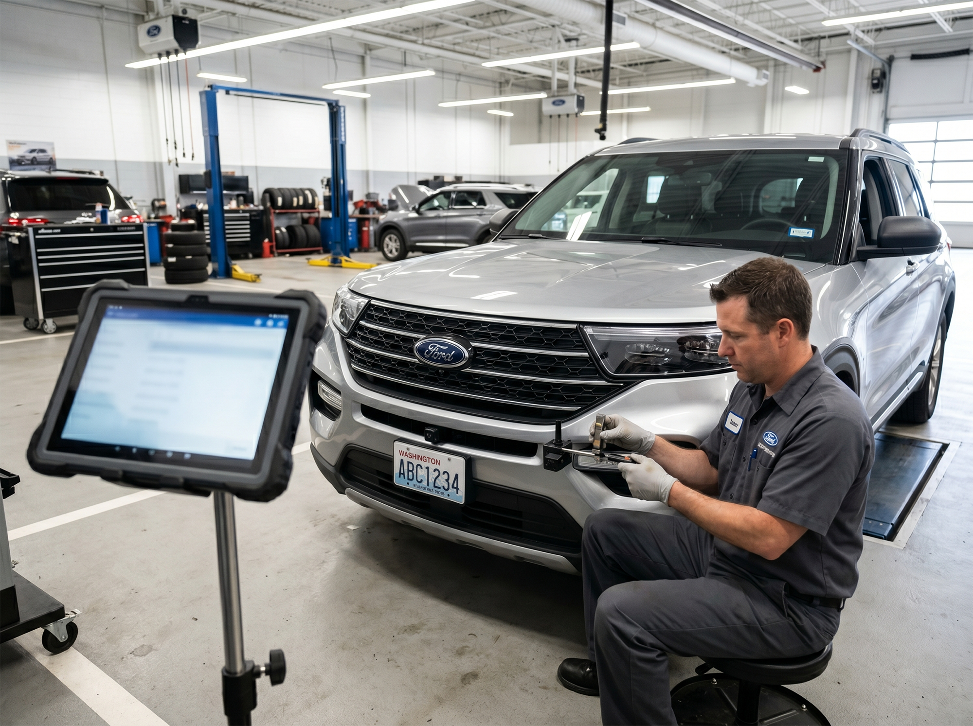 Technician inspecting vehicle safety system components