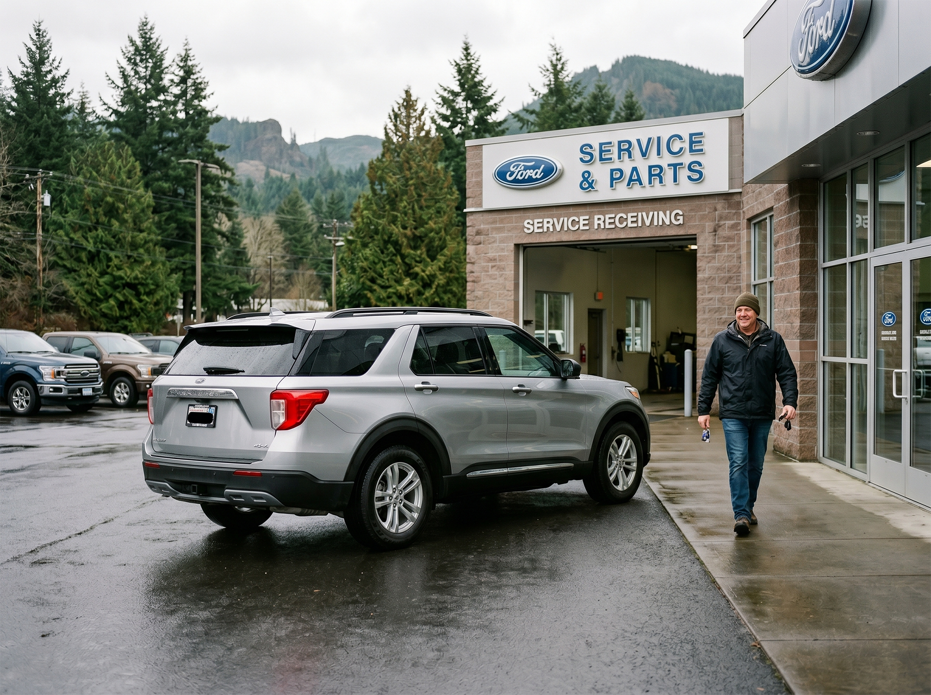 Well-maintained Ford vehicle outside a dealership service entrance
