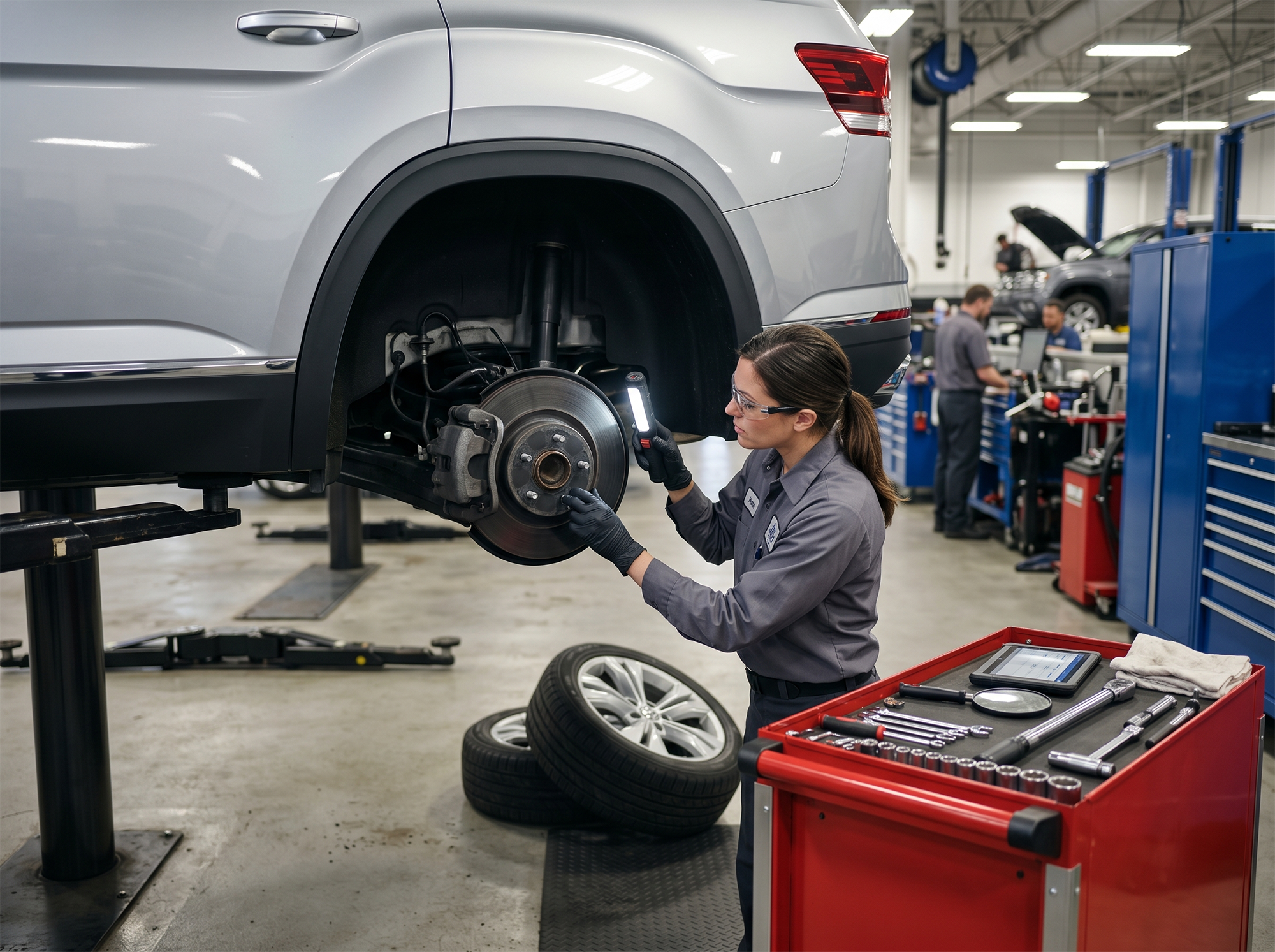 Technician inspecting brake rotor and caliper during repair diagnosis