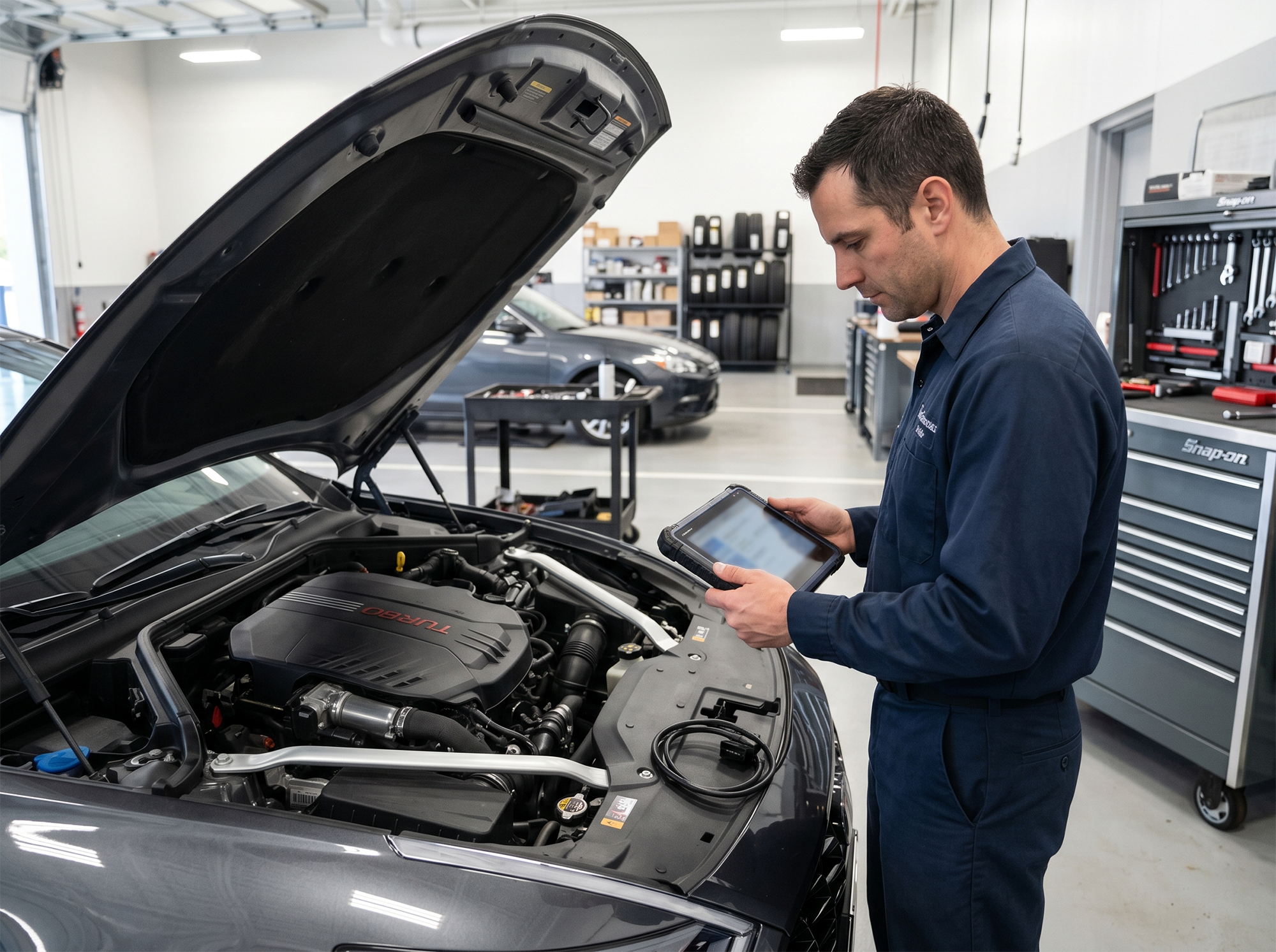 Technician using diagnostic equipment in a dealership service bay