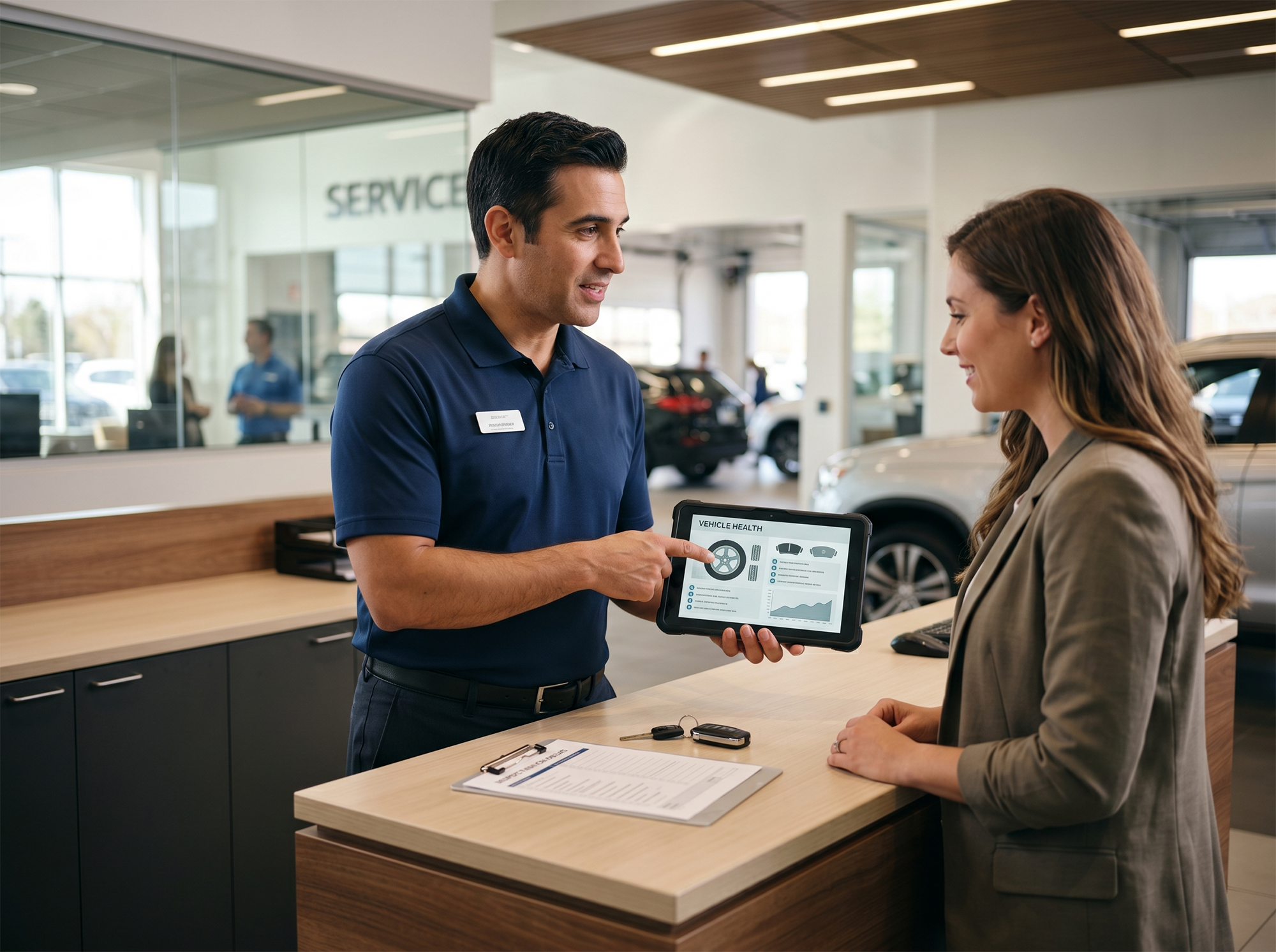 Service advisor explaining next steps after vehicle diagnosis
