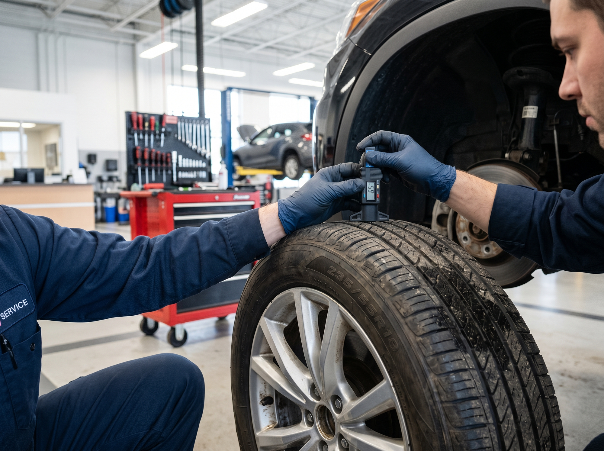 Technician checking tire tread depth during tire inspection