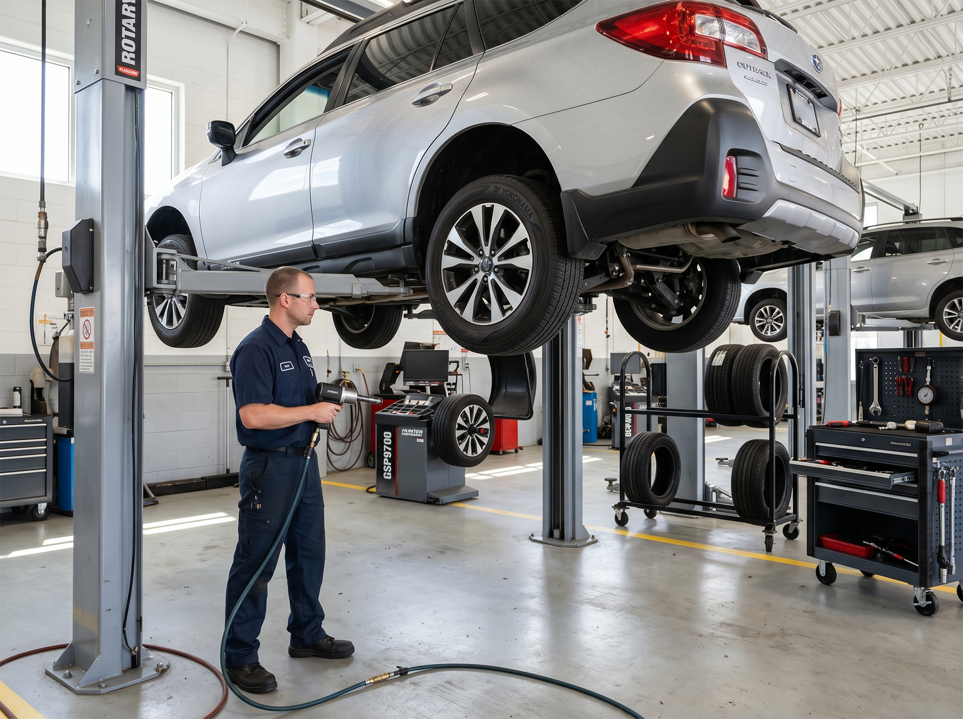 Tire rotation and wheel balancing in a dealership service bay