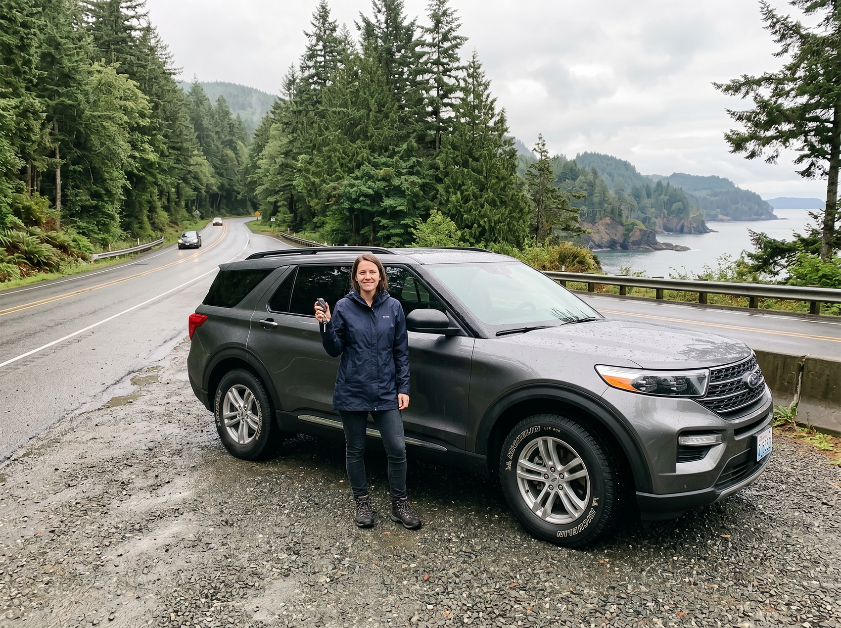 Wet Pacific Northwest road conditions where tire traction matters