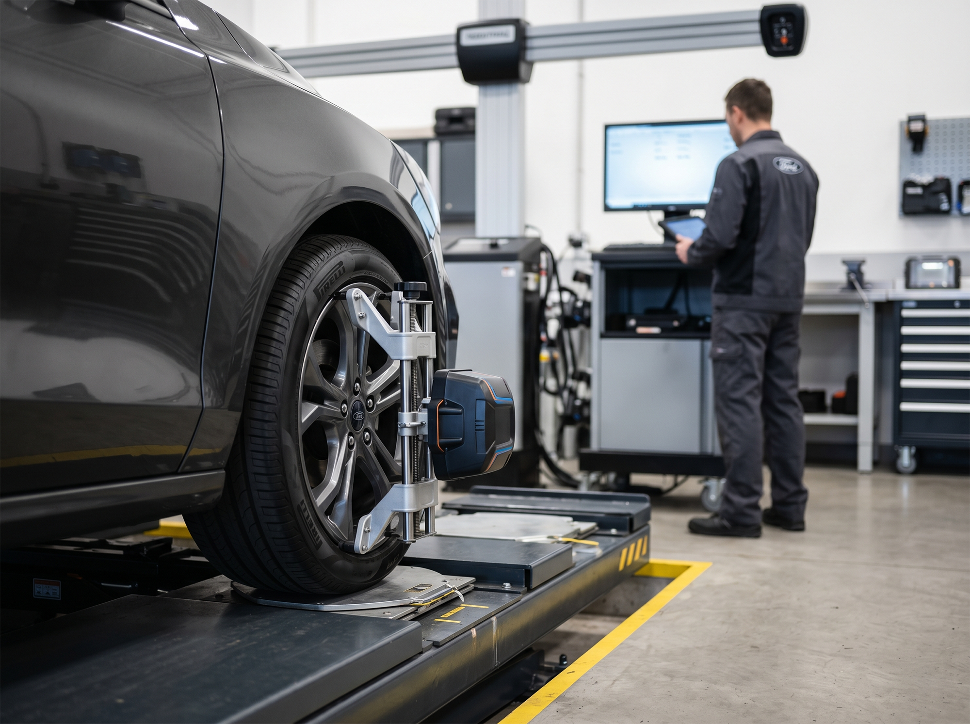 Technician reviewing wheel alignment results in a service bay