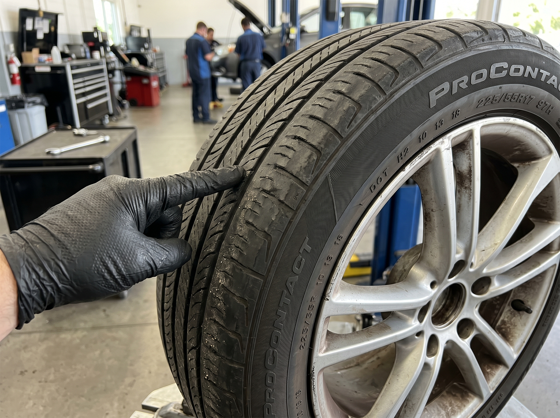 Uneven tire wear that may indicate a wheel alignment concern