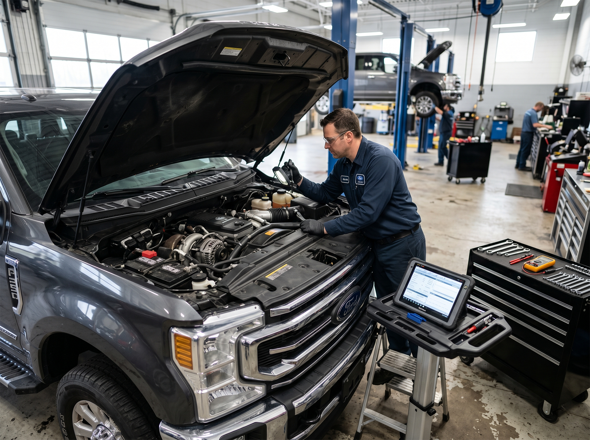 Technician inspecting a Ford PowerStroke diesel truck